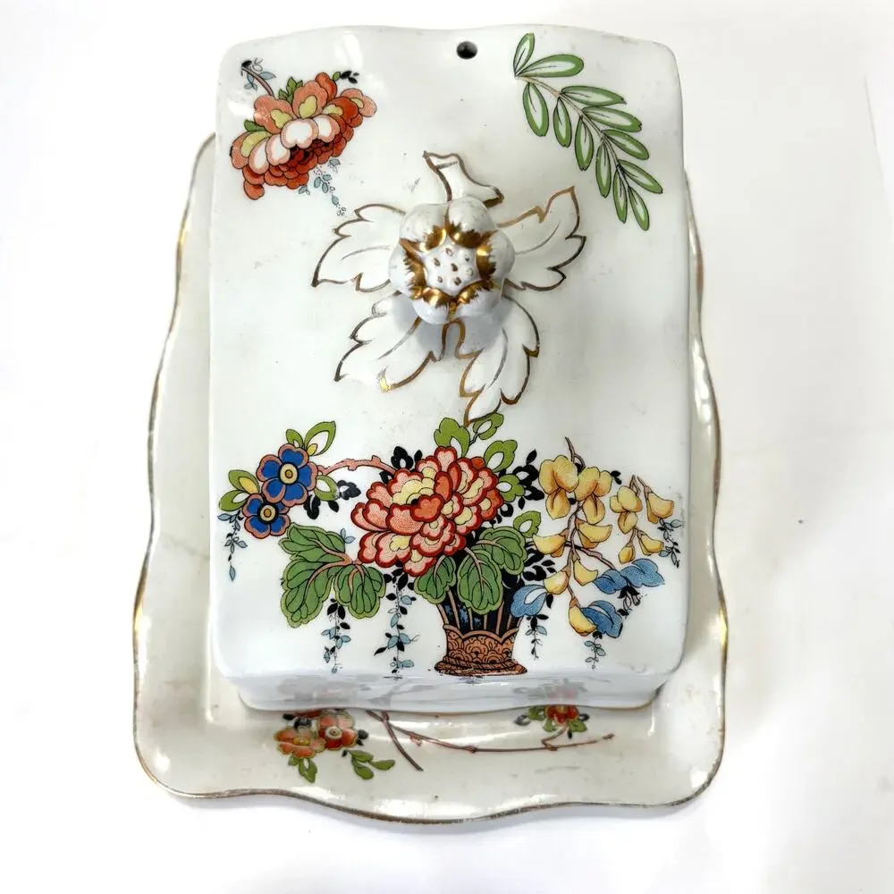 Vintage Floral Covered Cheese Keeper Butter Dish Gold Trim